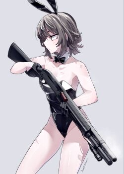 Rule 34 | ammunition, animal ear hairband, animal ears, artist name, black bow, black bowtie, black gloves, bow, bowtie, breasts, brown hair, bullet scar, closed mouth, collarbone, commentary request, desert (deserteagle0321), detached collar, fake animal ears, gloves, green eyes, grey background, gun, hairband, highres, holding, holding gun, holding weapon, original, playboy bunny, pump action, rabbit ear hairband, rabbit ears, remington 870, scar, scar on arm, scar on breasts, scar on leg, scar on shoulder, short hair, shotgun, shotgun shell, simple background, twitter username, weapon