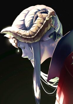 Rule 34 | 1girl, black background, blonde hair, cape, close-up, closed eyes, closed mouth, collared cape, commentary, dappled sunlight, double bun, edelgard von hresvelg, edelgard von hresvelg (timeskip), fake horns, fire emblem, fire emblem: three houses, from side, hair bun, hair up, headpiece, high collar, highres, horns, leaning forward, light particles, nintendo, official alternate costume, red cape, shade, solo, sunlight, un faro, upper body