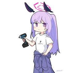 Rule 34 | 1girl, alternate costume, blue archive, blush, closed mouth, feet out of frame, floating headgear, halo, headgear, highres, holding power drill, kuroshiro1011, long hair, looking at viewer, pants, power tool, purple eyes, purple hair, purple pants, shirt, short sleeves, simple background, solo, twitter username, utaha (blue archive), white background, white shirt