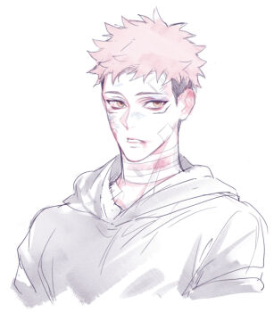Rule 34 | 1boy, bandaged neck, bandages, black hoodie, bruise, bruise on face, bruise on neck, commentary request, cropped torso, gauze, gauze on cheek, hood, hood down, hoodie, injury, itadori yuuji, jujutsu kaisen, kan (forest kan), male focus, pink hair, short hair, simple background, solo, undercut, white background