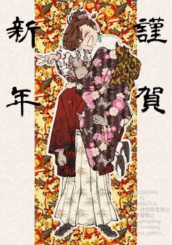 1boy 1girl ashigaru-san ayase_momo black_socks closed_eyes colored_skin commentary_request crossed_bangs dandadan earrings facial_mark floral_print floral_print_kimono flower full_body fur-trimmed_kimono fur_trim glasses grey_skin grin hair_between_eyes hair_bun hair_flower hair_ornament hakama highres jacket japan japanese_clothes jewelry kimono medium_hair multicolored_hair parted_bangs print_kimono red_eyes red_hair red_jacket round_eyewear sandals short_hair smile socks streaked_hair tabi takakura_ken_(dandadan) takakura_ken_(transformed)_(dandadan) teeth updo v wavy_hair white_hair white_hakama white_socks