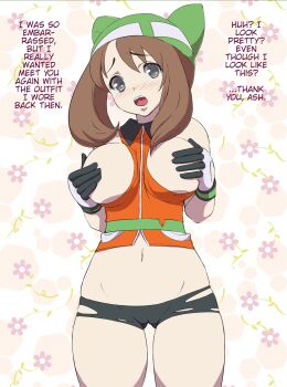 00s 1girl alternate_costume bandana between_breasts blush breast_hold breasts brown_hair cameltoe covering_breasts covering_privates gloves grey_eyes highres large_breasts looking_at_viewer makoto_daikichi may_(pokemon) may_(pokemon_emerald) midriff nintendo one_eye_closed open_mouth pokemon pokemon_(anime) pokemon_dppt_(anime) short_hair smile solo thigh_gap tight_clothes translated wink