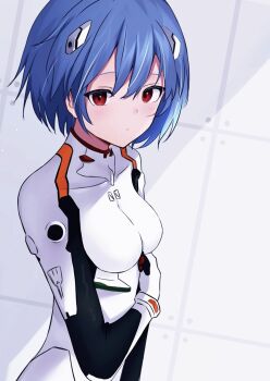 Rule 34 | 1girl, ayanami rei, blue hair, bodysuit, breasts, closed mouth, commentary request, hair between eyes, highres, looking at viewer, mecha pilot suit, medium breasts, neon genesis evangelion, plugsuit (evangelion), red eyes, riya (01214), solo, white bodysuit