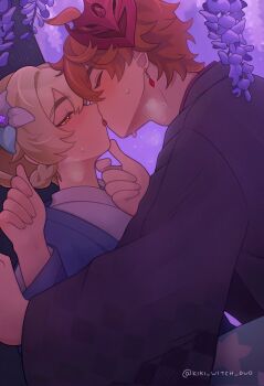1boy 1girl blonde_hair blush closed_eyes commentary earrings genshin_impact hair_bun half-closed_eyes hand_on_another&#039;s_chin hashtag-only_commentary heavy_breathing highres japanese_clothes jewelry kiki_witch kimono kiss leg_up lumine_(genshin_impact) mask orange_hair single_earring symbol-only_commentary tartaglia_(genshin_impact) twitter_username yellow_eyes