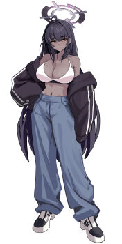 1girl absurdres alternate_costume black_jacket blue_archive blue_pants bra breasts brown_hair cleavage collarbone dark-skinned_female dark_skin draw_hyun full_body halo hashtag-only_commentary highres jacket karin_(blue_archive) large_breasts long_hair long_sleeves navel pants purple_halo shoes simple_background sneakers solo underwear white_background white_bra white_shoes yellow_eyes