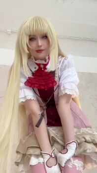 1girl animated blonde_hair blue_eyes boots breasts catzilla_chan cosplay cosplay_photo dress emilie_de_rochefort emilie_de_rochefort_(cosplay) fingerless_gloves gloves high_heels large_breasts long_hair looking_at_viewer panties photo_(medium) pov real_life salute short_sleeves sound tagme tekken tekken_8 thick_thighs thighs underwear video