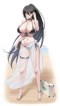 1girl absurdres ahoge alternate_costume anklet bare_shoulders beach bikini black_bikini black_hair blush breasts cleavage collarbone commentary elf eyewear_hang first_aid_kit full_body glasses green_eyes hair_between_eyes hair_ornament hairclip hand_up highres hilde_(trickcal) huge_breasts jewelry lazb. long_hair looking_at_viewer mole mole_on_breast navel parted_lips pointy_ears ponytail sandals sarong see-through_clothes see-through_sarong shadow sidelocks skindentation smile solo standing stomach swimsuit trickcal unworn_eyewear very_long_hair wedge_heels wet white_background