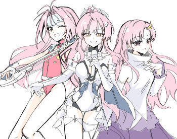 Rule 34 | 3girls, absurdres, aemeath (wuthering waves), bare shoulders, breasts, character request, commentary request, copyright request, crossover, elbow gloves, gloves, hair ornament, headband, highres, holding, holding microphone, korean commentary, leotard, looking at viewer, medium breasts, microphone, multiple girls, one eye closed, orange eyes, ot11 to, pink hair, purple skirt, red leotard, shirt, showgirl skirt, skirt, smile, star-shaped pupils, star (symbol), symbol-shaped pupils, white gloves, white headband, white leotard, white shirt, white skirt, wuthering waves