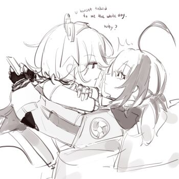 2girls ahoge cecilia_immergreen cellphone english_text gigi_murin greyscale highres hololive hololive_english monochrome multiple_girls phone short_hair smartphone virtual_youtuber weiiyxn winding_key