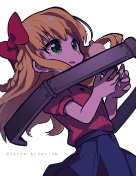 1girl blonde_hair blue_skirt braid buttons circus_baby_(fnaf) commentary elizabeth_afton english_commentary english_text five_nights_at_freddy's five_nights_at_freddy's:_sister_location food green_eyes hair_ornament holding holding_food ice_cream kiman looking_up open_mouth pink_shirt red_ribbon ribbon shirt skirt twin_braids white_background