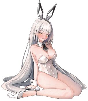 Rule 34 | 1girl, absurdres, animal ears, arms at sides, blanc (nikke), blunt bangs, breasts, cleavage, collarbone, detached collar, fang, fishnet pantyhose, fishnets, full body, goddess of victory: nikke, hair intakes, hairband, high heels, highres, large breasts, leotard, long hair, looking at viewer, necktie, open mouth, pantyhose, playboy bunny, rabbit ears, rabbit tail, simple background, sitting, skin fang, smile, solo, strapless, strapless leotard, tail, tsubatya, very long hair, wariza, white background, white hair, white leotard, wrist cuffs, yellow eyes