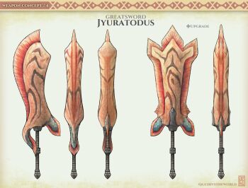 artist_name bone bone_weapon character_name reference_sheet concept_art english_text gradient_background greatsword highres jyuratodus monster_hunter:_world monster_hunter_(series) no_humans sword uchi_vs_the_world watermark weapon weapon_focus