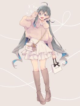 Rule 34 | 1girl, ahoge, alternate costume, bag, blue hair, boots, colis, colored inner hair, commentary request, full body, fur jacket, grey background, grey boots, grey eyes, grey hair, grey jacket, highres, jacket, kantai collection, kiyoshimo (kancolle), low twintails, multicolored hair, shopping bag, shoulder bag, simple background, skirt, smile, solo, twintails, white skirt