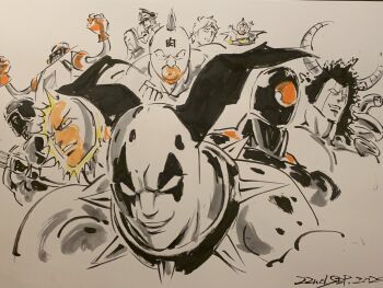 Rule 34 | 6+boys, abs, alexandria meat, animal ears, arm up, armor, biceps, black hole (kinnikuman), brocken jr., buffaloman, claw (weapon), clenched hands, collar, dalmatiman, dared, dated, dog boy, dog ears, english text, facial hair, grin, happy, hat, helmet, highres, horns, kinnikuman, looking at viewer, manly, mask, military hat, military uniform, monochrome, multiple boys, muscular, mustache, pectorals, peek-a-boo (kinnikuman), ramenman, robin mask, shaded face, shikishi, smile, spiked collar, spikes, springman (kinnikuman), standing, stecase king, terryman, upper body, warsman, weapon, white background, wrestling, wrestling mask, wrestling outfit