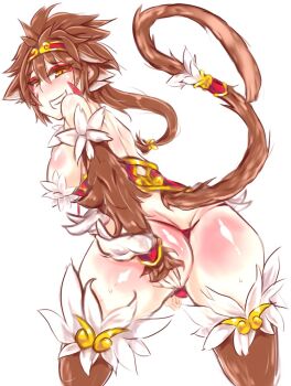 1girl animal_ears anklet ass bare_shoulders bracelet breasts brown_hair female_focus fur gold grabbing_own_ass grin jewelry kakuen_(monster_girl_encyclopedia) looking_at_viewer looking_back looking_down monkey monkey_ears monkey_girl monkey_tail monster_girl monster_girl_encyclopedia monster_girl_encyclopedia_ii niwatori_gunsou ponytail simple_background smile smirk solo tail tail_ornament thong white_background yandere yellow_eyes