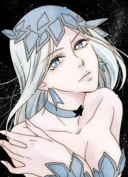 Rule 34 | 1girl, absurdres, bare shoulders, bishoujo senshi sailor moon, bishoujo senshi sailor moon s, black background, blue eyes, breasts, choker, cleavage, collarbone, earrings, female focus, hat, highres, jewelry, long hair, looking at viewer, mana0311, solo, twitter username, upper body, viluy (sailor moon), white hair, witches 5