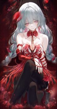 Rule 34 | 1girl, absurdres, bandage over one eye, bandaged arm, bandages, bare shoulders, black pantyhose, blood, bloody tears, blurry, blurry foreground, braid, breasts, closed mouth, collarbone, commentary, crossed legs, detached sleeves, dress, earrings, english commentary, feet out of frame, fingernails, flower, grey hair, halter dress, halterneck, highres, holding, holding flower, jewelry, looking at viewer, low twin braids, medium breasts, nail polish, pantyhose, phrolova (wuthering waves), red dress, red flower, red nails, red petals, renoahh, single detached sleeve, sitting, smile, solo, spider lily, tacet mark (wuthering waves), twin braids, wuthering waves