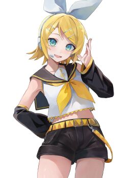 1girl aqua_eyes arm_behind_back artist_collaboration belt black_sailor_collar black_shorts black_sleeves blonde_hair blush bow collarbone commentary_request contrapposto cowboy_shot crop_top detached_sleeves dot_nose frilled_shirt frills hair_bow hair_ornament hairclip hand_up headset highres inubangarou kagamine_rin long_sleeves looking_at_viewer midriff nail_polish navel neckerchief open_mouth parallel_hairclips ppps sailor_collar shirt short_hair short_shorts shorts sidelocks simple_background sleeveless sleeveless_shirt smile solo treble_clef vocaloid white_background white_bow white_shirt yellow_belt yellow_nails yellow_neckerchief yellow_trim