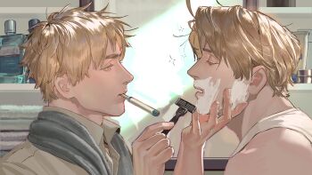 Rule 34 | 2boys, absurdres, ahoge, america (hetalia), axis powers hetalia, bare shoulders, bathroom, blonde hair, cabinet, chinese commentary, closed eyes, closed mouth, collared shirt, commentary request, fingernails, from side, green eyes, half-closed eyes, hand on another's chin, hands up, highres, implied yaoi, indoors, looking at another, male focus, messy hair, mirror, mixed-language commentary, morning, multiple boys, open mouth, reflection, shampoo bottle, shaving, shaving beard, shaving cream, shirt, short hair, sleepy, sunlight, tank top, toothbrush, toothbrush in mouth, towel, towel around neck, united kingdom (hetalia), upper body, white shirt, white tank top, zhongerweiyuan