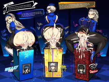 3boys 3girls absurdres amamiya_ren ass blue_coat blue_dress blue_hat breasts captain_kirb coat commentary commission cowgirl_position critical_hit cum cum_in_pussy cum_on_body curvy dress elizabeth_(persona) english_commentary english_text girl_on_top hat headband highres joker_(persona_5) large_breasts lavenza_(persona_5) margaret_(persona) motion_blur multiple_boys multiple_girls narukami_yu orgasm pale_skin penis persona persona_3 persona_4 persona_5 pussy sex shoes short_hair siblings sisters sound_effects straddling stuck stuck_in_a_box thighs torn_clothes twitching_penis vaginal white_hair yellow_eyes yuuki_makoto_(persona_3)