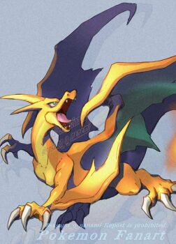 charizard claws dragon fangs gen_1_pokemon green_eyes mega_charizard_y mega_pokemon nanami_lusia nintendo no_humans open_mouth pokemon pokemon_(creature) pokemon_focus tongue wings