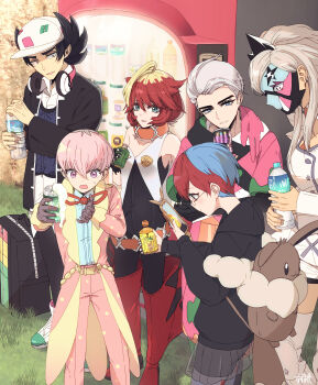 Rule 34 | 3boys, 3girls, absurdres, ahoge, atticus (pokemon), baseball cap, belt, black bag, black hair, black jacket, blonde hair, blue eyes, blue shirt, boots, bottle, can, cellphone, commentary request, drink, drink can, eevee, eevee backpack, eri (pokemon), eyelashes, facepaint, gen 1 pokemon, gen 4 pokemon, giacomo (pokemon), glasses, grass, hat, headphones, headphones around neck, highres, holding, holding bottle, holding can, holding drink, holding phone, jacket, long hair, mela (pokemon), mismatched eyebrows, multicolored hair, multiple boys, multiple girls, nintendo, open clothes, open jacket, orange belt, ortega (pokemon), pants, penny (pokemon), phone, pink hair, pink jacket, pink pants, pokemon, pokemon sv, red boots, red hair, rotom, rotom phone, shirt, short hair, smartphone, suzukinoko1021, team star, two-tone hair, vending machine, very short hair, water bottle, white hair, white hat, white pants