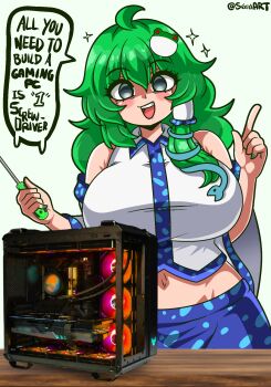 1girl :d ahoge bare_shoulders blue_skirt blush blush_stickers breasts collared_shirt computer computer_tower detached_sleeves dialogue_box dot_nose english_text facing_viewer frog_hair_ornament green_hair green_nails hair_ornament hair_tubes highres holding holding_screwdriver huge_breasts index_finger_raised kochiya_sanae long_sleeves looking_at_viewer midriff nail_polish navel open_mouth patterned_clothing print_skirt screwdriver seireiart shirt simple_background single_hair_tube single_sidelock skirt skirt_set sleeveless sleeveless_shirt smile snake_hair_ornament solo sparkle table teeth touhou twitter_username upper_body upper_teeth_only white_background wide_sleeves