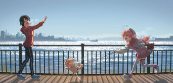 Rule 34 | 2girls, absurdres, ahoge, beret, black hair, black pants, blue eyes, blue shoes, commentary request, day, dog, full body, gotointhepark, green eyes, hair ornament, hairclip, hand up, hat, highres, holding, holding leash, hololive, jacket, leash, letterman jacket, long sleeves, miniskirt, multiple girls, official alternate costume, official alternate hairstyle, one eye closed, oozora subaru, open mouth, outdoors, outstretched arm, pants, pink hair, pink jacket, pink shoes, pink skirt, plaid clothes, plaid skirt, pleated skirt, raglan sleeves, red jacket, red scarf, sakura miko, sakura miko (school uniform), scarf, shoes, skirt, sneakers, swept bangs, thigh strap, thighhighs, track jacket, virtual youtuber, white hat, white sleeves, white thighhighs, yawning