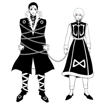 Rule 34 | 2boys, 63roku63, androgynous, bound, chain, chained, chrollo lucilfer, closed mouth, cross tattoo, facial mark, forehead mark, forehead tattoo, full body, fur trim, greyscale, highres, hunter x hunter, kurapika, lips, male focus, monochrome, multiple boys, tattoo, tied up (nonsexual)