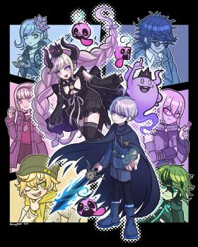 1other 3girls 4boys absurdres ahoge arm_up artist_name bandaged_chest bandaged_neck bandages beanie belt black_coat black_dress black_flower black_footwear black_gloves black_horns black_nails black_pantyhose black_sailor_collar black_skirt black_sleeves black_thighhighs blonde_hair blue_belt blue_cape blue_eyes blue_footwear blue_hair blue_jacket blue_shorts boots braid breasts candy cape cleavage clenched_hand closed_mouth coat collared_shirt commentary_request criss-cross_halter crown desuhiko_thunderbolt detached_sleeves dress ear_piercing facial_hair fingerless_gloves floating floral_print flower food frilled_dress frills fubuki_clockford full_body ghost glasses gloves glowing goatee_stubble green_eyes green_hair grey_coat grey_headwear group_picture hair_between_eyes hair_flower hair_ornament hair_ribbon hairband halara_nightmare halterneck hand_up hat highres holding holding_candy holding_food holding_lollipop holding_sword holding_weapon hood hood_down hooded_coat hoodie horns jacket jewelry key keyhole kurumi_wendy large_breasts lollipop long_hair long_sleeves looking_at_viewer master_detective_archives:_rain_code multicolored_hair multiple_boys multiple_girls nail_polish necklace normypopo one_eye_closed open_mouth pantyhose piercing pink-framed_eyewear pink_eyes pink_flower pink_hair purple_eyes purple_hair red_shirt ribbon round_eyewear sailor_collar school_uniform semi-rimless_eyewear serafuku shinigami_(ghost)_(rain_code) shinigami_(rain_code) shirt short_hair shorts single_braid skirt smile standing star_(symbol) star_in_eye streaked_hair stubble sword symbol_in_eye thighhighs tinted_eyewear torn_cape torn_clothes twin_braids two-tone_hair upper_body very_long_hair vivia_twilight weapon white_hair white_ribbon white_shirt yakou_furio yellow_hoodie yuma_kokohead