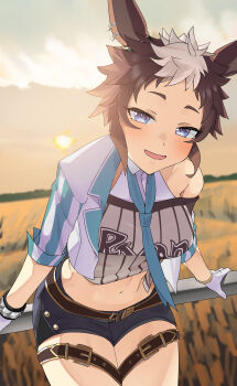 Rule 34 | 1girl, absurdres, animal ears, aqua necktie, backlighting, belt, blue eyes, blurry, blurry background, blush, bracelet, breasts, bright pupils, brown hair, commentary request, cowboy shot, ear ornament, earrings, eros no kami, evening, gloves, grey hair, highres, horizon, horse ears, jewelry, large breasts, leaning forward, looking at viewer, mejiro ryan (down the line) (umamusume), mejiro ryan (umamusume), midriff, multicolored hair, navel, necktie, off-shoulder shirt, off shoulder, on railing, open clothes, open mouth, open shirt, outdoors, outstretched arms, railing, seductive smile, shirt, shirt under shirt, short hair, short shorts, shorts, sitting, smile, solo, stomach, sun, taut clothes, taut shirt, thigh belt, thigh strap, tied shirt, two-tone hair, umamusume, white gloves