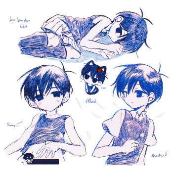 2boys :< animal_ears antenna_hair arm_at_side bar_censor bare_arms bare_shoulders blue_theme blush bright_pupils cat_boy cat_ears cat_tail censored character_name chibi chibi_inset chromatic_aberration closed_mouth clothes_lift collared_shirt commentary cropped_legs dandelion double-parted_bangs dual_persona empty_eyes english_text etursaemajoris expressionless flower hair_behind_ear hands_up hat hatching_(texture) heterochromia holding holding_flower kneehighs lifting_own_clothes looking_at_another looking_back lying mixed-language_text monochrome multiple_boys multiple_views musical_note no_pupils omori omori_(omori) on_back on_side outline pinstripe_shorts selfcest shadow shirt shirt_lift short_hair short_sleeves shorts shota simple_background socks spoilers stomach sunny_(omori) sweatdrop sweater_vest tail tank_top translation_request turning_head upper_body very_short_hair white_background yaoi