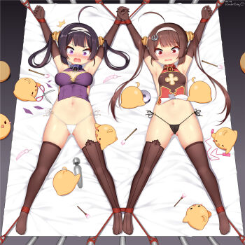 2girls =_= @_@ ahoge animal armpits arms_up artist_name asymmetrical_legwear azur_lane bare_shoulders bdsm bird black_eyes black_gloves black_hair black_legwear black_panties blank_eyes blush blush_stickers bondage bound bound_ankles bound_wrists breasts breasts_apart brown_hair brush cameltoe china_dress chinese_clothes cleavage_cutout closed_eyes clothes_lift clothing_cutout collar controller dress dress_lift egg_vibrator elbow_gloves feathers female_focus from_above full_body gloves gluteal_fold hair_ornament hair_rings hairband half-closed_eyes hitachi_magic_wand holding holding_hands holding_remote_control holding_scissors huoji_(wonderturkey) interlocked_fingers long_hair looking_down lying manjuu_(azur_lane) medium_breasts mismatched_legwear multiple_girls navel ning_hai_(azur_lane) nose_blush o-ring o-ring_bottom o-ring_panties on_back on_bed open_mouth outstretched_arms panties pelvic_curtain pelvic_curtain_lift ping_hai_(azur_lane) purple_dress purple_eyes raised_eyebrows red_dress red_eyes remote_control remote_control_vibrator roll_of_tape rope scissors see-through_clothes sex_toy side-tie_panties sidelocks signature skindentation sleeveless sleeveless_dress small_breasts spread_eagle_position spread_legs stomach string_panties symmetry tape tears thighhighs torn_clothes torn_dress twintails underwear vibrator white_background white_hairband white_panties wide-eyed