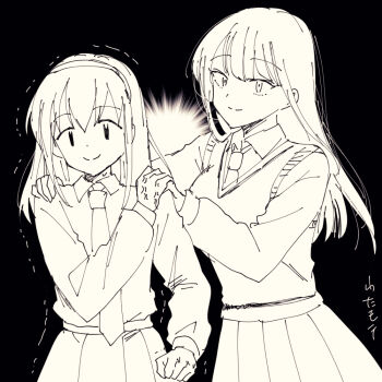 2girls black_hair collared_shirt greyscale katou_asuka long_hair long_sleeves monochrome multiple_girls necktie numachi_doromaru pleated_skirt purple_necktie satozaki_kiko school_uniform shirt skirt smile watashi_ga_motenai_no_wa_dou_kangaetemo_omaera_ga_warui! yellow_skirt