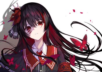 1girl armband black_dress black_hair bug butterfly colored_inner_hair crown dissolving_clothes dress extra_eyes flower hair_flower hair_ornament highres insect looking_at_viewer mahou_shoujo_no_majo_saiban mini_crown multicolored_hair necktie nikaido_hiro red_armband red_butterfly red_eyes red_necktie red_sailor_collar sailor_collar setsu_(qjsj1993aa) shade