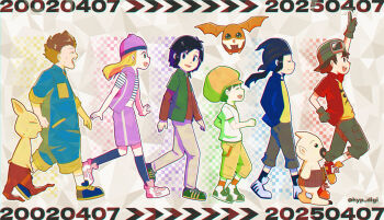 1girl 5boys bokomon digimon digimon_frontier hat himi_tomoki jacket kanbara_takuya kimura_kouichi minamoto_kouji multiple_boys neamon orimoto_izumi patamon pixiv_user_(112311781) shibayama_junpei