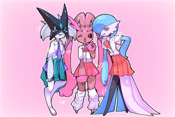 3girls alternate_color animal_hands animal_nose arms_at_sides barefoot black_choker black_fur black_pantyhose black_sclera blue_hair blue_skin bob_cut body_fur bowtie brown_fur buttons cat_girl choker clothed_pokemon clothes_around_waist colored_sclera colored_skin eyeliner female_focus flat_chest full_body furry furry_female gardevoir gen_3_pokemon gen_4_pokemon green_fur green_hair green_sweater grin hair_over_one_eye half-closed_eyes hand_on_own_hip hand_on_own_thigh hand_up happy heart heart-shaped_pupils heart_in_eye iroai-chan leaning_forward leg_warmers long_animal_ears lopunny meowscarada miniskirt multicolored_skin multiple_girls necktie nintendo no_feet no_shoes one_eye_closed one_eye_covered open_mouth orange_eyes orange_skirt outline pantyhose parted_lips pink_background pink_bow pink_bowtie pink_eyes pink_fur pink_skirt pleated_skirt pokemon pokemon_(creature) purple_eyes purple_necktie purple_skirt rabbit_ears rabbit_girl red_eyeliner school_uniform shiny_pokemon shirt shirt_tucked_in short_hair short_sleeves simple_background skirt smile sparkle standing sweater sweater_around_waist symbol-shaped_pupils symbol_in_eye thighhighs trait_connection two-tone_fur two-tone_skin v white_leg_warmers white_outline white_shirt white_skin white_thighhighs wink