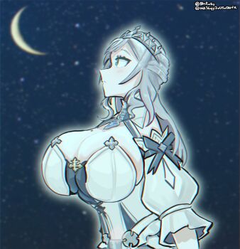 1girl alternate_costume blaparky blush breasts chromatic_aberration cleavage crescent_moon detached_sleeves dress green_eyes grey_hair hair_ornament highres hololive huge_breasts long_hair mole mole_on_breast moon night no_bra official_alternate_costume official_alternate_hairstyle puffy_detached_sleeves puffy_sleeves shirogane_noel shirogane_noel_(princess_knight) sky solo star_(sky) strapless strapless_dress tiara virtual_youtuber wavy_hair white_dress