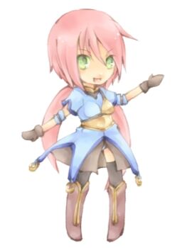 Rule 34 | 1girl, archer (ragnarok online), black thighhighs, blue shirt, blush, boots, breasts, brown boots, brown gloves, brown skirt, chibi, commentary request, full body, gloves, green eyes, long hair, looking at viewer, low twintails, lowres, lunaraven, muneate, open mouth, pink hair, ragnarok online, shirt, simple background, skirt, small breasts, smile, solo, standing, thighhighs, twintails, white background