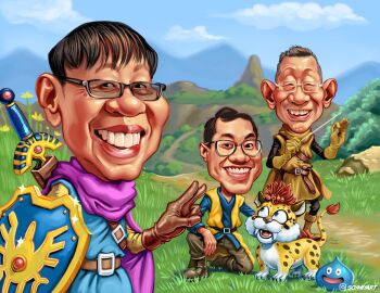 Rule 34 | 3boys, absurdres, artist name, baton, belt, black hair, blue sky, boots, buck teeth, caricature, cloud, commentary, cosplay, cub, day, dragon quest, english commentary, flower, glasses, glitter, gloves, grass, great sabrecub, hero (dq3), hero (dq3) (cosplay), hero (dq8), hero (dq8) (cosplay), highres, horii yuuji, large ears, large nose, lips, looking at viewer, male focus, mountainous horizon, multiple boys, outdoors, road, roto (dq3), shield, short hair, sky, slime (dragon quest), smile, soymyart, sugiyama koichi, sword, teeth, tiger, toriyama akira (character), upper teeth only, v, weapon