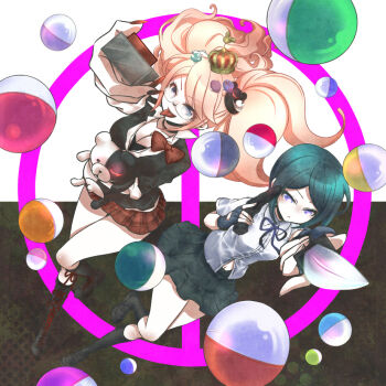 2girls black_hair black_skirt blonde_hair blue_eyes blue_ribbon boots bow bowtie breasts button knee_boots kneehighs cleavage crown danganronpa:_trigger_happy_havoc danganronpa_(series) enoshima_junko eyebrows eyebrows_hidden_by_hair fake_nails fingerless_gloves fingernails frown full_body glasses gloves gun handgun holding holding_gun holding_weapon ikusaba_mukuro knife knife_in_hand large_breasts leather leather_boots long_eyelashes long_hair medium_breasts medium_hair monokuma multiple_girls mushroom nail_polish navel neck_ribbon necktie partially_unbuttoned pistol plaid_clothes plaid_skirt red_nails ribbon shirt siblings simple_background sisters skirt smile thighs tongue tongue_out twins twintails unbuttoned unbuttoned_shirt weapon
