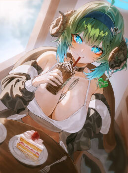 Rule 34 | 1girl, absurdres, between breasts, blue eyes, blue hair, blue hairband, breasts, brown horns, cake, commentary, commission, cup, curled horns, demon girl, demon horns, drinking, drinking straw, drinking straw in mouth, food, fork, glasses, gradient hair, green hair, hairband, highres, holding, holding cup, horns, indol, large breasts, looking at viewer, midriff, multicolored hair, original, pixiv commission, plate, shirt, sitting, smile, solo, table, untranslatable commentary, unworn eyewear, white shirt