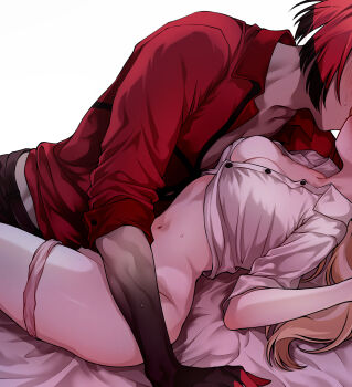 1011000 1boy 1girl absurdres alastor_(hazbin_hotel) black_hair blonde_hair blush charlie_morningstar commentary couple french_kiss hazbin_hotel hellaverse hetero highres kiss long_hair lying multicolored_hair on_back on_bed panties_around_thighs partially_open_shirt red_hair short_hair simple_background sleeves_rolled_up symbol-only_commentary