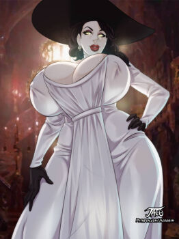 1girl alcina_dimitrescu artist_name black_gloves black_hair black_hat breasts commentary covered_erect_nipples dress earrings english_commentary gloves hat huge_breasts jacogramc jewelry looking_at_viewer patreon_username red_lips resident_evil resident_evil_village single_earring solo white_dress yellow_eyes