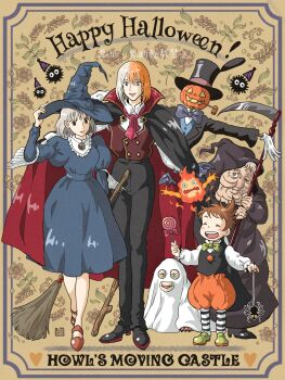 2boys 2girls alternate_costume ascot black_bow black_bowtie black_cloak black_dress black_hat black_jacket black_pantyhose black_robe black_shoes black_vest blue_vest bow bowtie breasts broom brown_background brown_hair brown_shoes brown_vest calcifer candy child cloak closed_eyes closed_mouth collarbone dress fang food full_body ghost_costume gloves green_bow green_bowtie grey_hair hair_between_eyes halloween_costume happy_halloween hat heen highres hitomin_(joutaro195) holding holding_broom holding_candy holding_food holding_lollipop holding_scythe hood hood_up hooded_robe howl_no_ugoku_shiro howl_pendragon jack-o&#039;-lantern jacket juliet_sleeves kakashi_no_kabu lollipop long_sleeves markl medium_breasts medium_hair multicolored_hair multiple_boys multiple_girls old old_woman one_eye_closed open_mouth orange_hair orange_pants pants pantyhose pipe_in_mouth popped_collar puffy_sleeves red_ascot red_cloak robe scythe shirt shoes smile smoking_pipe socks sophie_hatter_(howl_no_ugoku_shiro) striped_clothes striped_socks suit_jacket top_hat two-sided_cloak two-sided_fabric two-tone_hair vampire_costume vest waistcoat white_gloves white_shirt witch witch_hat witch_of_the_waste