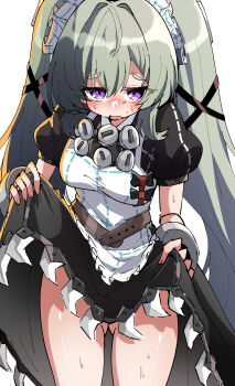 1girl absurdres apron black_dress breasts caseee999 clothes_lift commentary_request corin_wickes cowboy_shot cuffs dress dress_lift gluteal_fold green_hair hair_between_eyes highres lifting_own_clothes long_hair looking_at_viewer maid maid_apron maid_headdress open_mouth puffy_short_sleeves puffy_sleeves purple_eyes screw_hair_ornament short_sleeves simple_background solo twintails white_apron white_background zenless_zone_zero