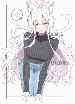 1girl adversarial_noise akira_(blue_archive) alternate_costume animal_ear_fluff animal_ears black_sweater blue_archive blue_pants blush border breasts casual cat_ears cat_tail colored_eyelashes commentary copyright_notice denim fingernails furrowed_brow hair_between_eyes halo highres jeans legs_together light_smile long_hair long_sleeves looking_at_viewer medium_breasts on_floor open_mouth pants pink_eyes pink_halo ribbed_sweater seiza simple_background sitting solo speech_bubble spoken_blush sweater sweater_tucked_in tail turtleneck turtleneck_sweater twitter_username very_long_hair white_background white_border white_eyelashes white_hair white_tail yamano_rokamizu