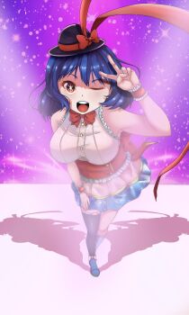 1girl ;o alternate_costume asymmetrical_legwear black_hat blue_hair bow bowtie commentary full_body hat hat_bow highres idol kyoto_kiranami leaning_forward looking_at_viewer nagae_iku one_eye_closed red_bow red_bowtie red_eyes short_hair sleeveless solo stage stage_lights standing star-shaped_pupils star_(symbol) symbol-shaped_pupils teeth touhou upper_teeth_only v wrist_cuffs