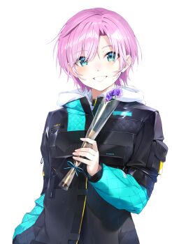 1girl black_jacket blue_eyes commentary_request flower grin highres hood hooded_jacket hoodie jacket long_sleeves nezumidoshi nijisanji official_artist_extra open_mouth parted_bangs pink_hair short_hair simple_background smile solo teeth virtual_youtuber white_background yuuhi_riri yuuhi_riri_(5th_costume)