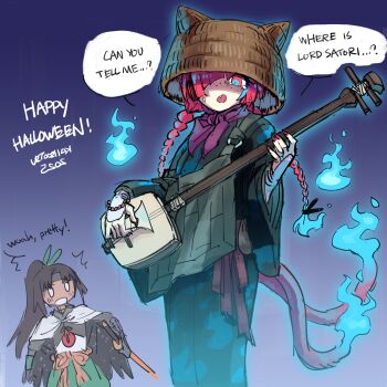 0_0 2girls :o ^^^ animal_ears arm_cannon artist_name bachi backwards_text bead_bracelet beads bird_girl bird_wings blue_fire blue_pupils bracelet braid brown_thighhighs bucket bucket_on_head capelet cat_ears cat_girl cat_tail chibi coat commentary cosplay curtained_hair dated english_commentary english_text fang fire fog freckles green_kimono green_ribbon green_skirt grey_headband hair_over_one_eye hair_ribbon halloween headband high_ponytail highres holding holding_instrument holding_plectrum instrument japanese_clothes jewelry kaenbyou_rin kaibootsu kimono long_hair long_sleeves medium_hair multiple_girls multiple_tails music name_connection night night_sky o&#039;rin_of_the_water o&#039;rin_of_the_water_(cosplay) object_on_head open_mouth orange_sash playing_instrument plectrum ponytail purple_coat red_eyes red_hair reiuji_utsuho ribbon sekiro sekiro:_shadows_die_twice sekiro_(cosplay) shamisen shirt singing skirt sky solo_focus speech_bubble tail thighhighs third_eye touhou twin_braids vambraces weapon white_capelet white_shirt wide_sleeves wings